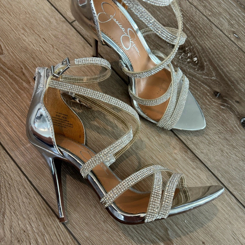 Jessica Simpson Silver Rhinestone Strappy Heels 5” Heel Metallic Heels Size 6